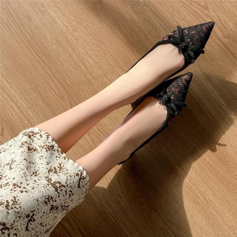 ヒール チュール付きリボン柄メッシュパンプス