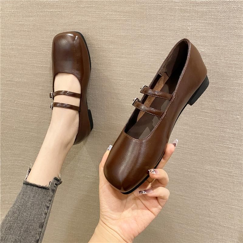 ヒール スクエアトゥダブルストラップパンプス