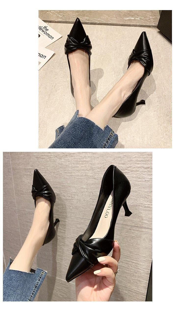 ヒール ねじりリボン付きポインテッドパンプス