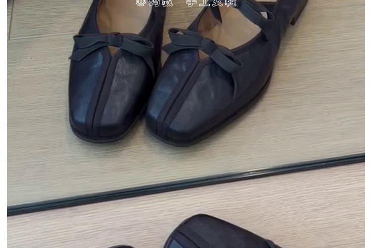 ヒール 本革バレエシューズ リボン付きフラットパンプス