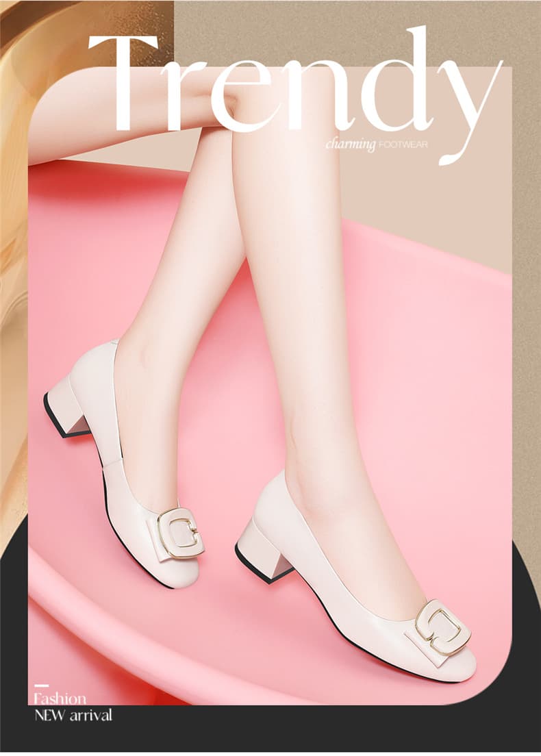 本革スクエアバックル ローヒールパンプス