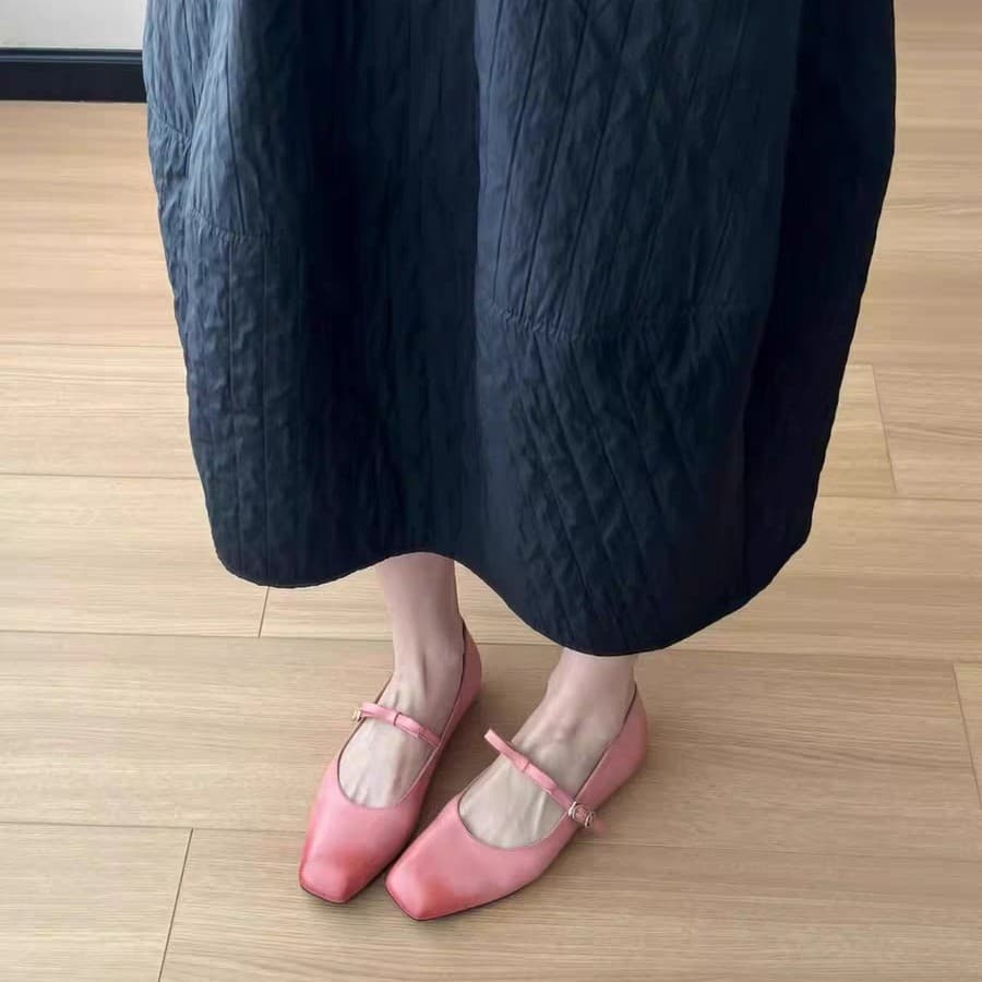 ヒール フレンチスタイル 本革メリージェーン フラットパンプス