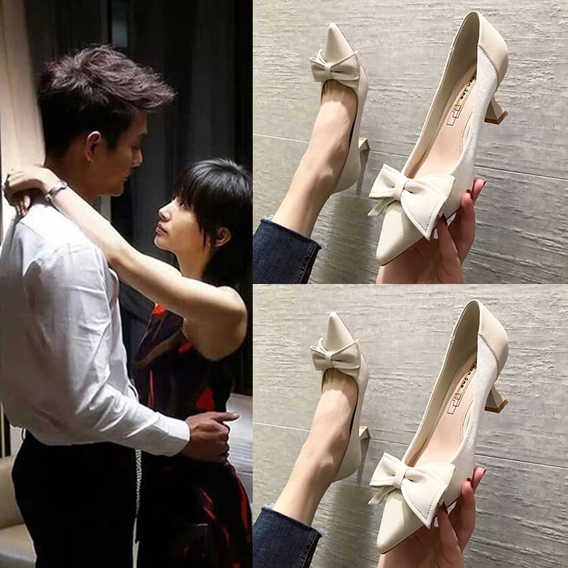 リボン付きポインテッドトゥ細ヒールパンプス