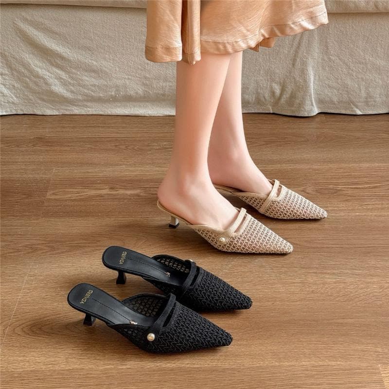 ヒール ニットメッシュポインテッドミュールサンダル