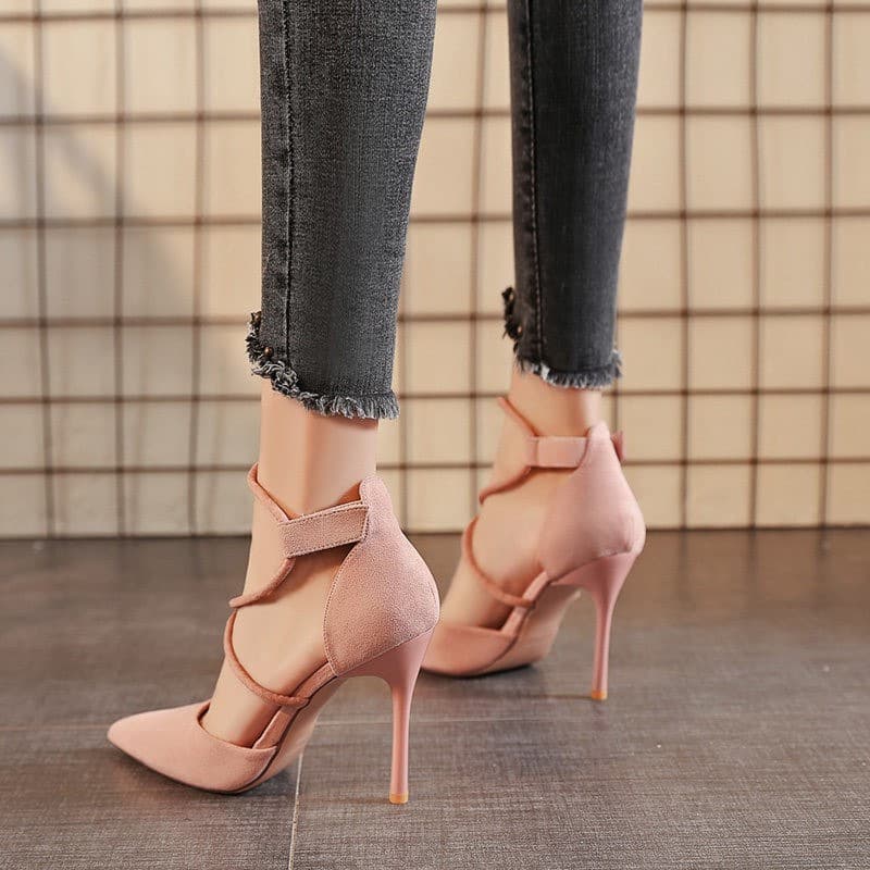 ヒール クロスストラップ ポインテッドパンプス